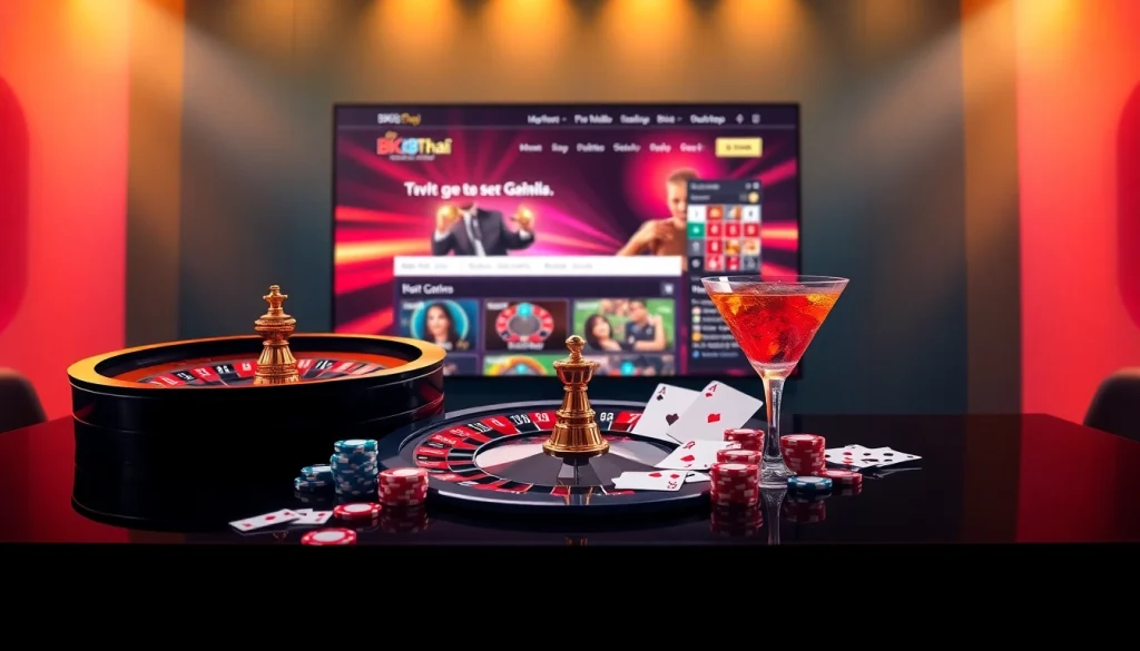 Engaging view of BK8Thai ทางเข้า casino setup with roulette and cards, highlighting luxury and accessibility.