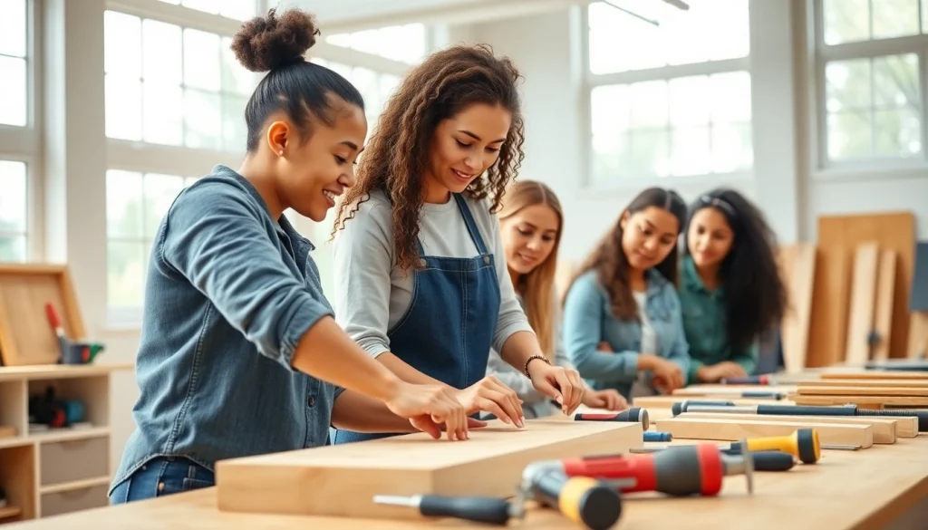 Students engaged in hands-on construction classes in a vibrant classroom environment.