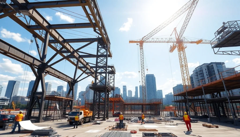 Showcasing steel structure design with cranes and workers on an urban construction site.