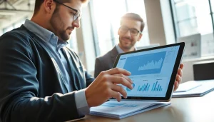 Engineer analyzing das 142 metrics on a tablet in a bright office setting.
