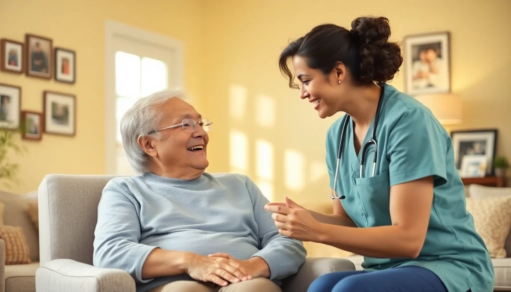 Senior care Austin TX illustrated by a caregiver supporting an elderly person in a warm and inviting living room.