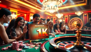 Adegan seru para pemain yang terlibat dengan slot deposit 1k di kasino yang ramai dengan rolet dan chip.