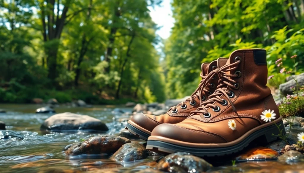 Fly fishing boots resting on a riverbank, showcasing rugged design amidst nature.