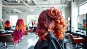 Femeie care își schimbă lookul la salon coafura bucuresti cu un stilist profesionist.