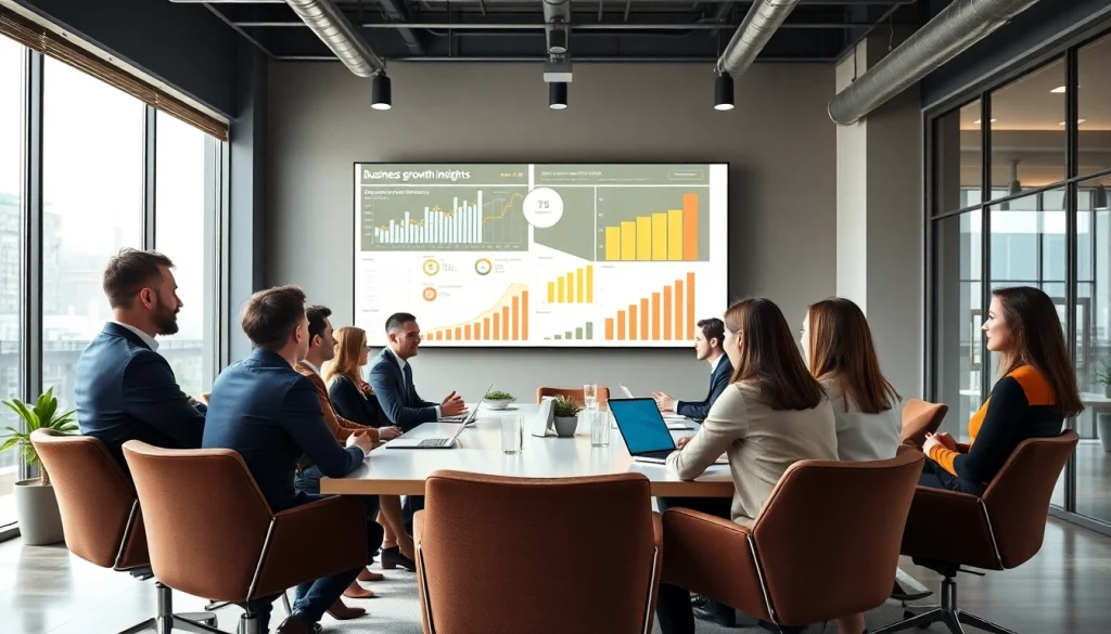 Engaging team discussion showcasing business growth insights in a modern office.