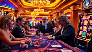 Rasakan sensasi permainan Slot Zeus di kasino mewah dengan mesin yang berwarna-warni dan para pemain menikmati putaran mereka.