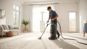 Technician performing carpet cleaning lincoln ca in a bright modern home interior.