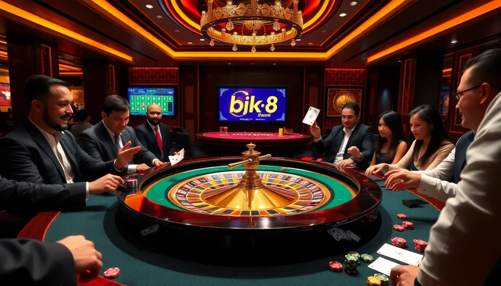 Players enjoying a thrilling game at the bk8thai ทางเข้า roulette table in a luxurious casino.