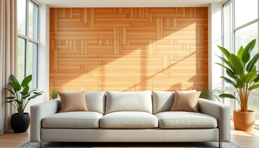 Stylish slatted wall in a modern living room enhancing interior design.