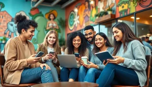 How to find local onlyfans models depicted in a vibrant urban community scene with young adults engaging and using digital devices.