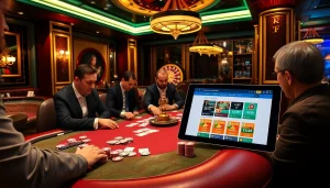 Players enjoy a high-stakes poker game at nhà cái 789bet, highlighting the vibrant casino experience.
