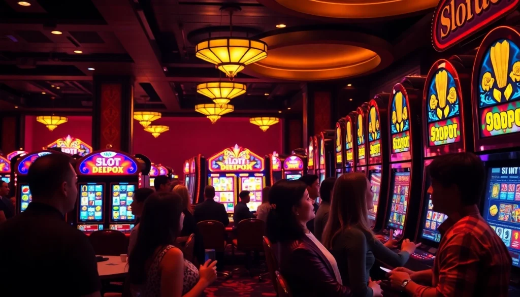 Pemain menikmati sensasi permainan slot depo 5k dalam suasana kasino yang ramai.