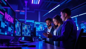 AI NSFW professionals collaborating in a modern tech workspace with futuristic screens.