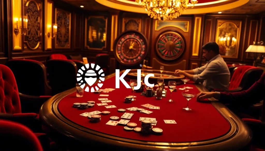 KJC players engaging at a luxurious poker table in a vibrant casino setting.