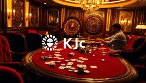 KJC players engaging at a luxurious poker table in a vibrant casino setting.