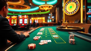Experience the thrill of gambling at mm88.br.com with a lively casino scene featuring a dealer at a blackjack table.