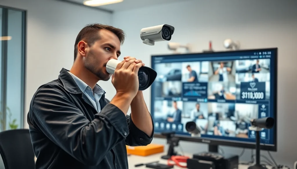 Técnico profesional instalando Cámaras Dahua en una oficina moderna, mostrando características de seguridad avanzadas.