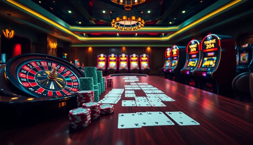 Experience the thrill of NK88 with a stylish casino scene featuring roulette, poker, and slot machines.