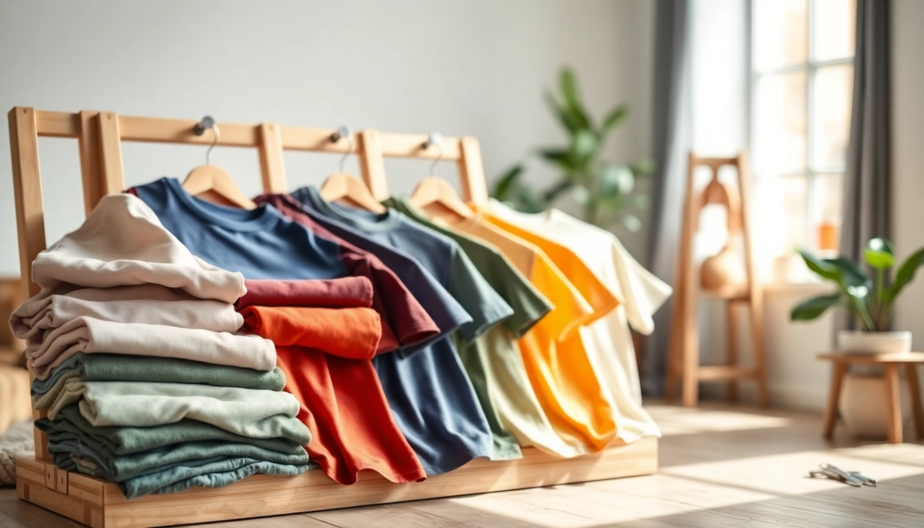 Showcasing the best blank t shirts in various colors and textures on a wooden display.