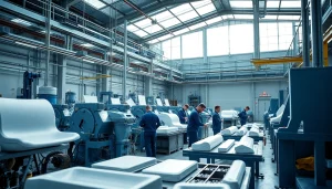 Highlighted GRP Manufacturer production line with intricate machinery and skilled workers at work.