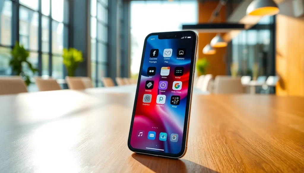 Używanie iOS na eleganckim smartfonie w nowoczesnym biurze