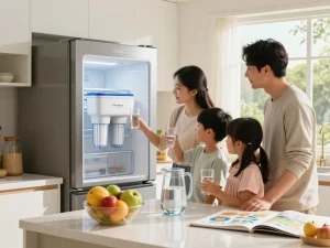 Waterdrop 4396508 Refrigerator Water Filter showcased in a bright kitchen with a family discussing water quality.