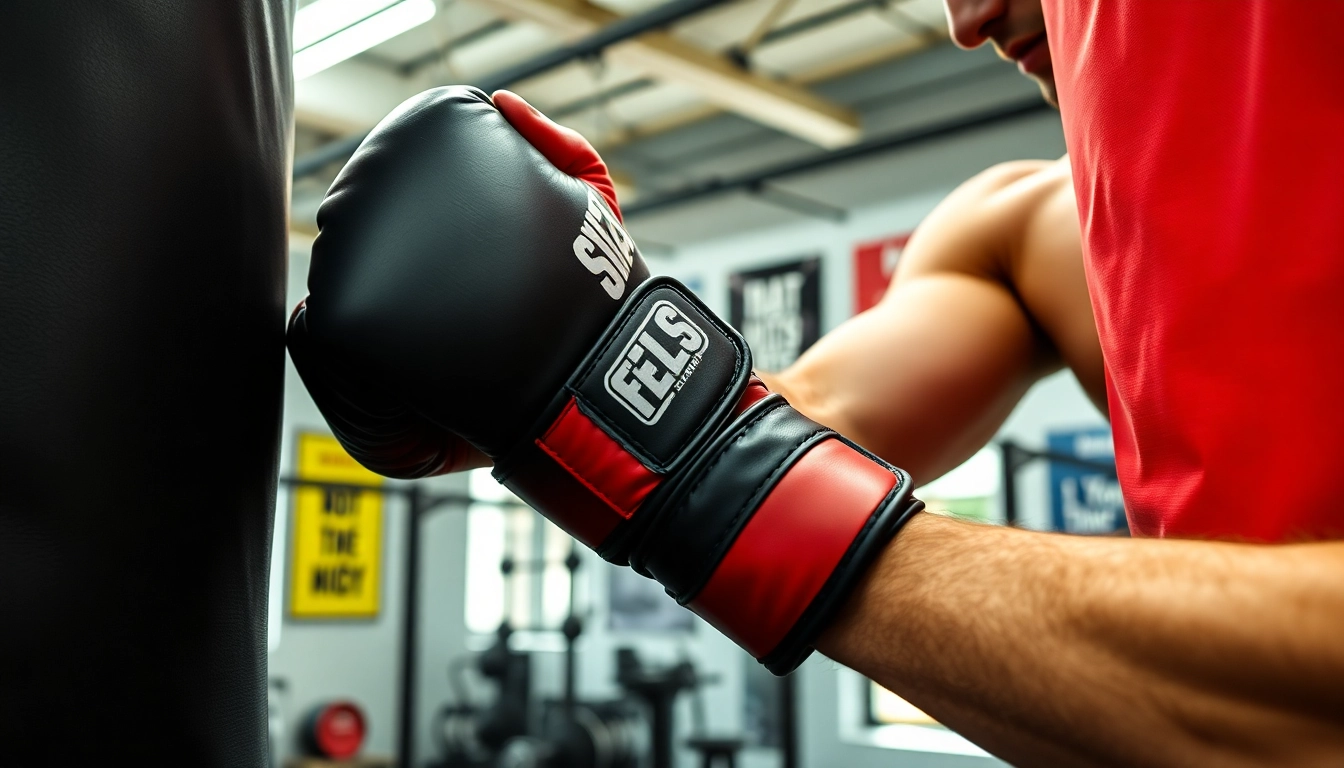 Trainiere mit MMA gloves für Kraft und Geschicklichkeit in einem modernen Fitnessstudio.