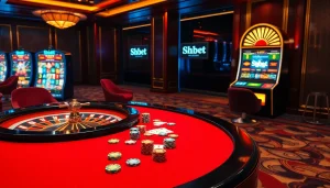 Exciting casino gaming scene with Shbet branding, vibrant tables, and slot machines.