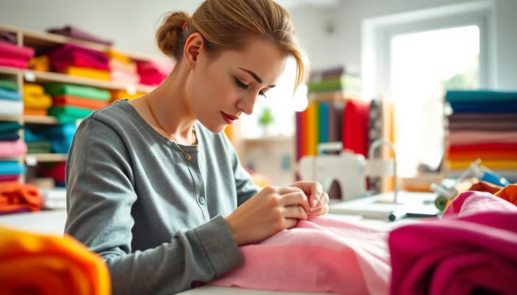 Naai met unieke uni katoen stof in een heldere naai studio vol kleur voor een kleurrijk resultaat.