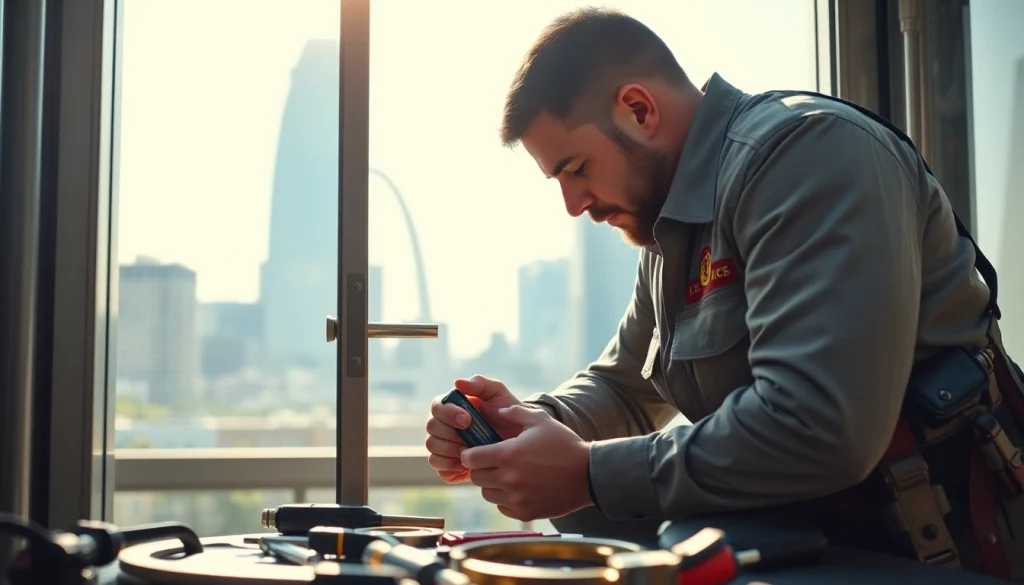 Emergency locksmiths in St. Louis, MO showcasing expertise while installing a high-security lock.