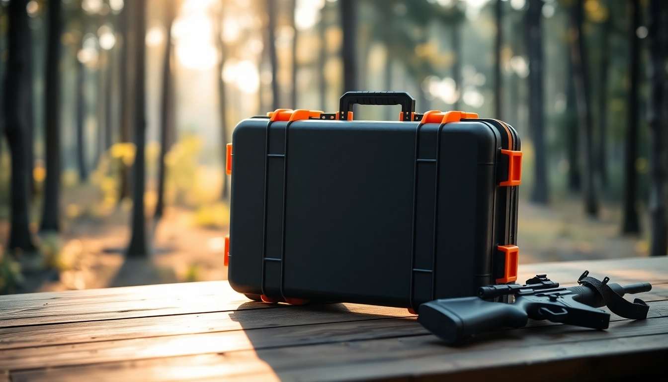 Showcasing a pelican rifle case with detailed texture against a natural backdrop, perfect for outdoor enthusiasts.