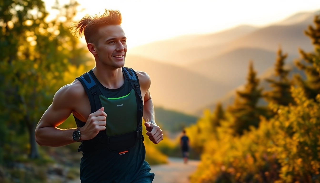 Runner sporting a hydration running vest for efficient hydration during an outdoor trail run.