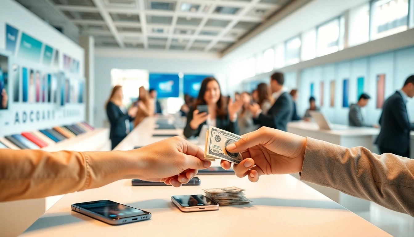 Sell your phone instant cash through a professional transaction in a modern retail environment.