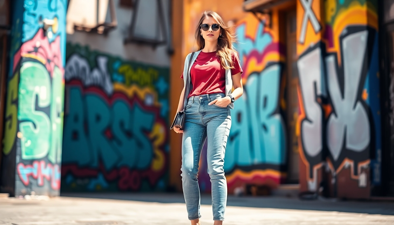 Model showcasing stylish womens tapered ankle jeans against a vibrant urban backdrop.