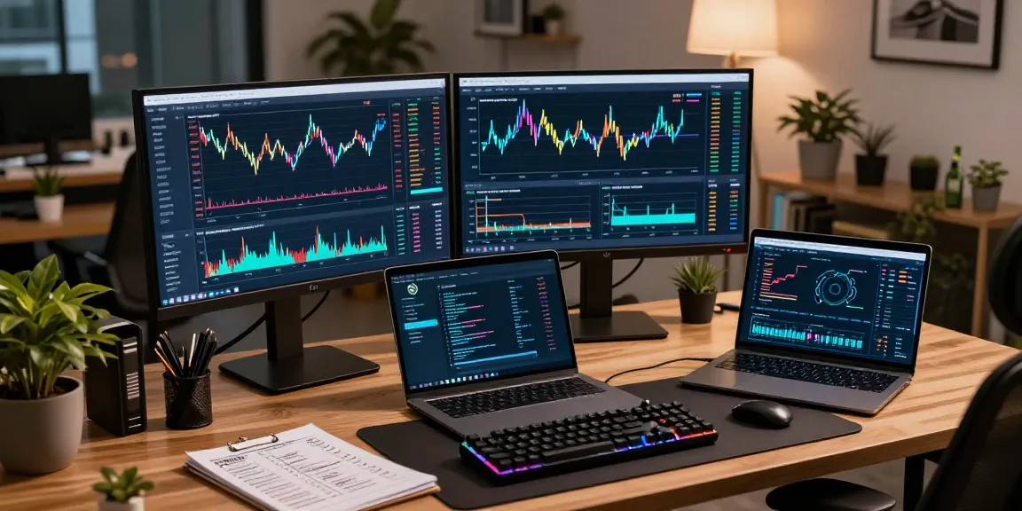 Regulated crypto mining platform showcased in a professional trading workspace with multiple monitors displaying crypto charts and DeFi analytics.