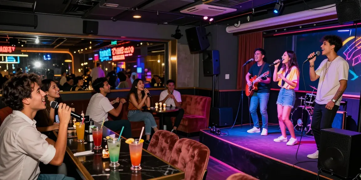 Exciting karaoke atmosphere at https://www.magic4karaoke.com/ with friends enjoying vibrant music and cocktails.