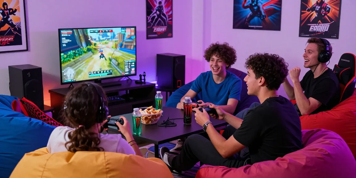In a lively gaming session, friends compete in rokok 88 with snacks and drinks.