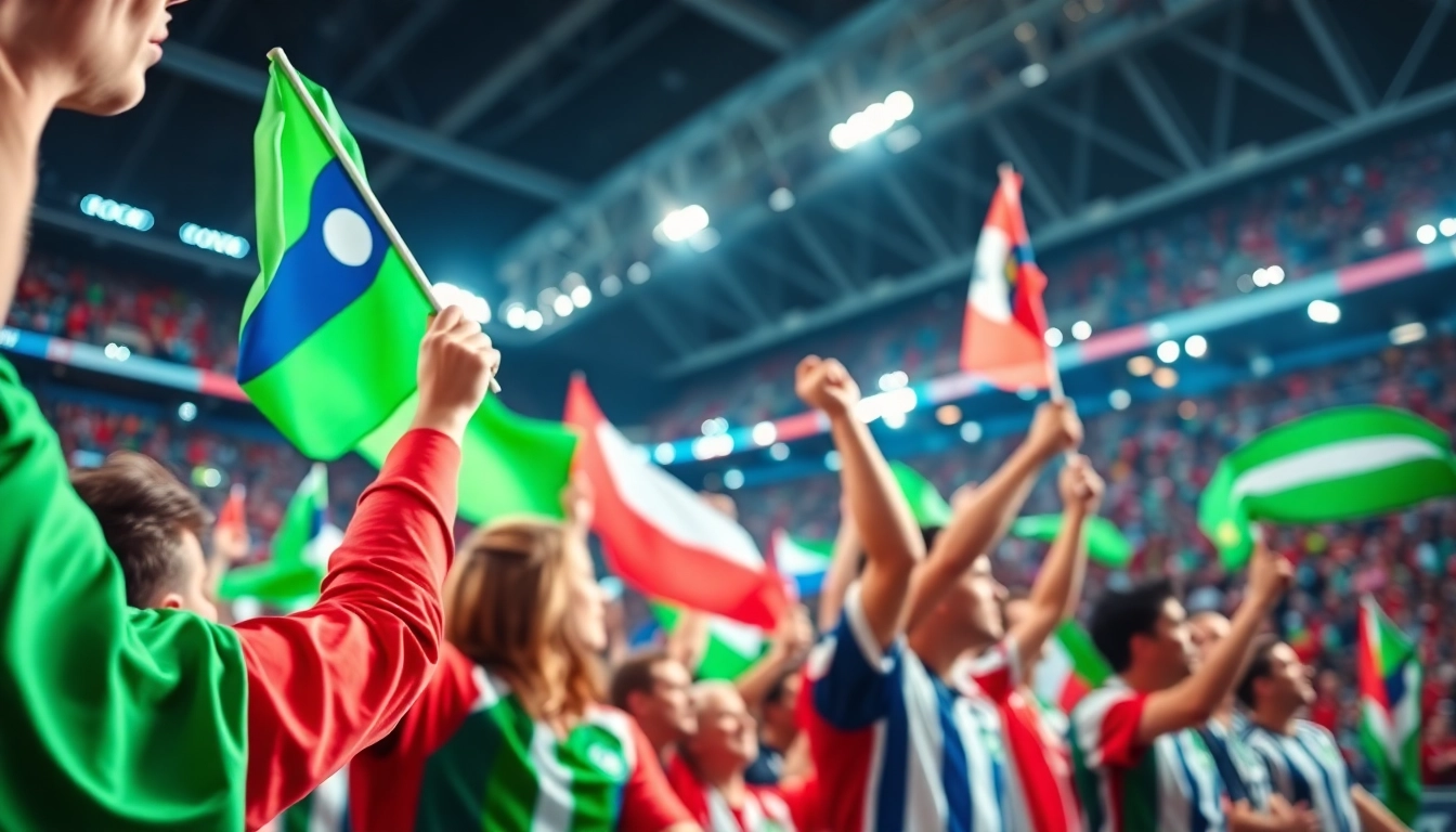 Menonton bolakami world cup dengan semangat. Penggemar sepak bola di stadion merayakan dengan penuh warna.